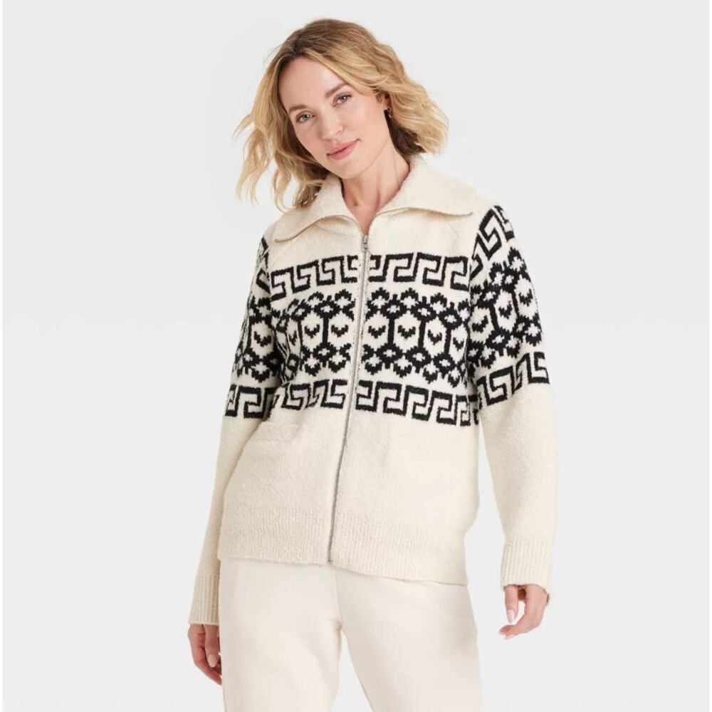 Universal Thread Fair Isle Zip Cardigan Sweater XL NWT Cream Black